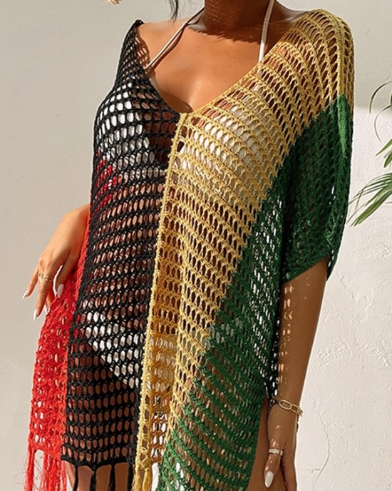 Colorful V-Neck Tassles Mini Cover-Ups Dress