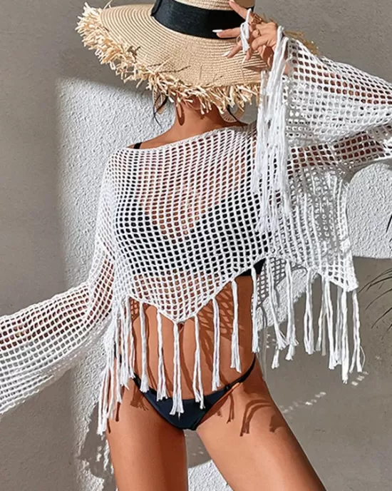 Hollow Tassels Long Sleeves Cover-Ups Swimsuit