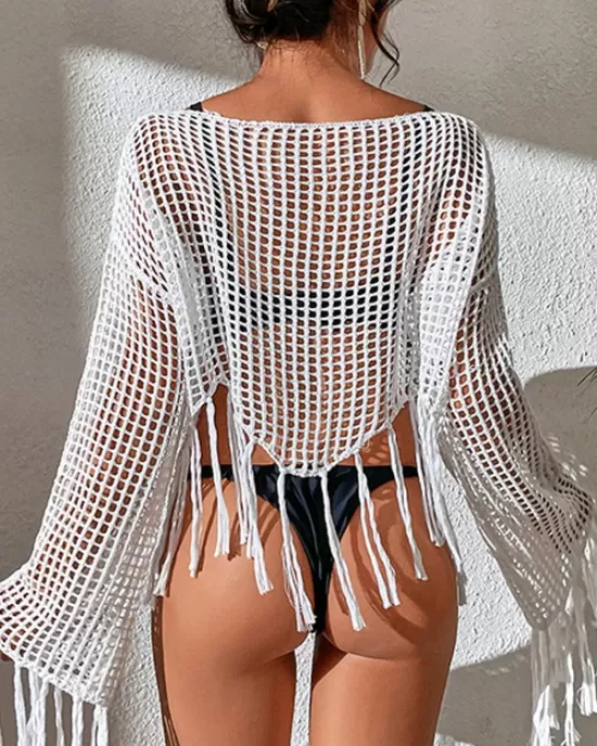 Hollow Tassels Long Sleeves Cover-Ups Swimsuit