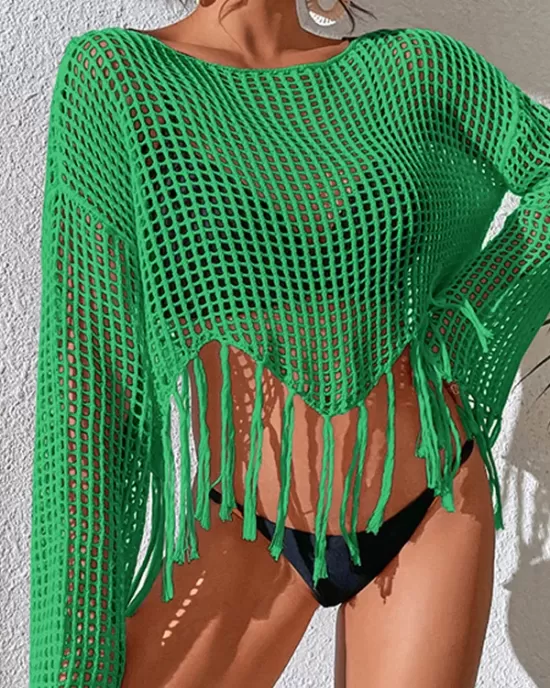 Hollow Tassels Long Sleeves Cover-Ups Swimsuit