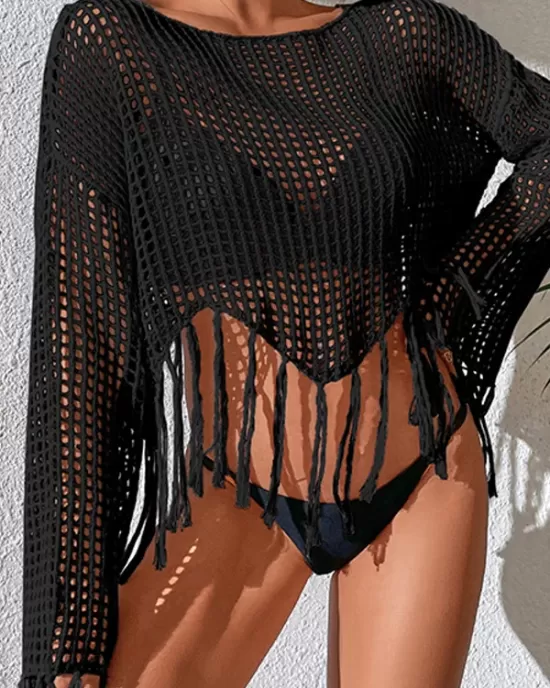 Hollow Tassels Long Sleeves Cover-Ups Swimsuit