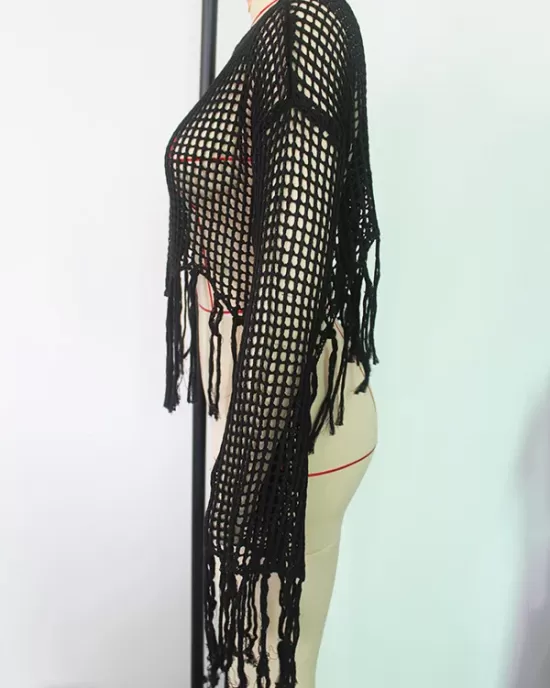 Hollow Tassels Long Sleeves Cover-Ups Swimsuit