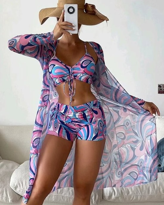 Halterneck Abstract Print Three Pieces Bikini Set