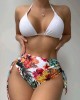 Triangle Halterneck Floral Three Pieces Bikini Set