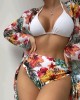 Triangle Halterneck Floral Three Pieces Bikini Set