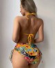 Triangle Halterneck Floral Three Pieces Bikini Set