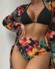 Triangle Halterneck Floral Three Pieces Bikini Set