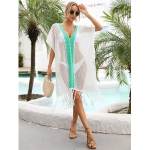 Color-Block Hollow Tasseled Batwing Sleeves Loose Deep V-Neck Cover-Ups Swimwear