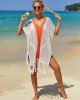 Color-Block Hollow Tasseled Batwing Sleeves Loose Deep V-Neck Cover-Ups Swimwear