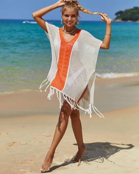 Color-Block Hollow Tasseled Batwing Sleeves Loose Deep V-Neck Cover-Ups Swimwear