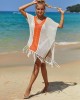 Color-Block Hollow Tasseled Batwing Sleeves Loose Deep V-Neck Cover-Ups Swimwear