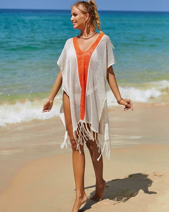 Color-Block Hollow Tasseled Batwing Sleeves Loose Deep V-Neck Cover-Ups Swimwear