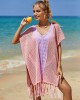 Color-Block Hollow Tasseled Batwing Sleeves Loose Deep V-Neck Cover-Ups Swimwear