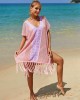 Color-Block Hollow Tasseled Batwing Sleeves Loose Deep V-Neck Cover-Ups Swimwear