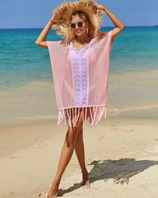 Color-Block Hollow Tasseled Batwing Sleeves Loose Deep V-Neck Cover-Ups Swimwear