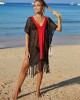 Color-Block Hollow Tasseled Batwing Sleeves Loose Deep V-Neck Cover-Ups Swimwear