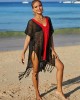 Color-Block Hollow Tasseled Batwing Sleeves Loose Deep V-Neck Cover-Ups Swimwear