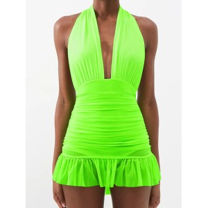 Backless Bandage Hollow Halter-Neck One-Piece Swimwear&Cover-Ups Skirts