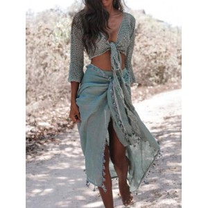 Tasseled Solid Sun Protection Cover-Up Swimwear