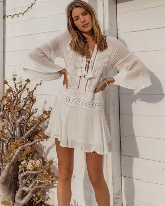 Chiffon Wrinkled Lace Trumpet Sleeve Bikini Cover-Ups