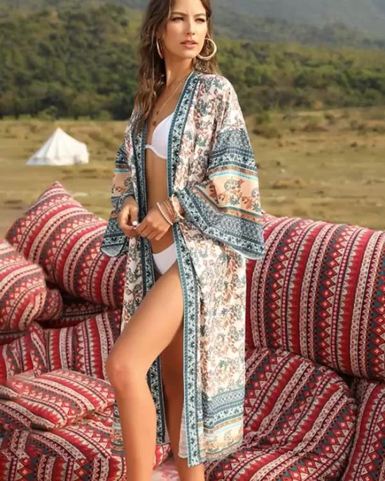 Sun-Protected Printed Beach Long Cover-Ups