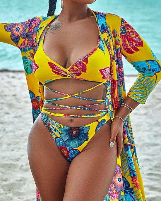 Sexy Floral-Print Split Bikini Swimsuit+Long Sleeve Cover-Ups Three-Piece Set