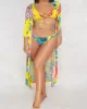 Sexy Floral-Print Split Bikini Swimsuit+Long Sleeve Cover-Ups Three-Piece Set