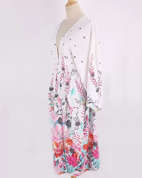 Floral-Print Long Sleeved Tunicshang Cover-Ups Tops