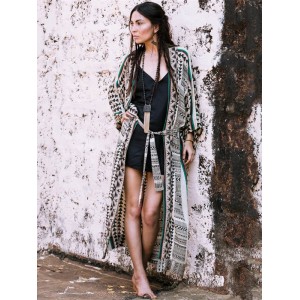 Ethnic Printed Lace-Up Long Sleeves Cover-Ups Tops