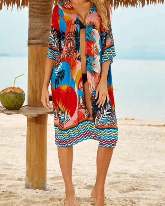 Floral-Print Half-Sleeve Cardigan Cover-Up Swimwear