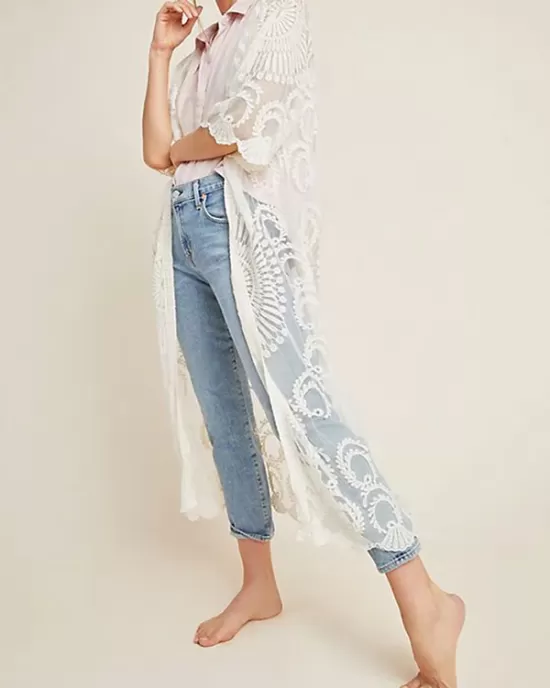 Half-Sleeve Embroidered See-Through Cardigan Cover-Up Swimwear