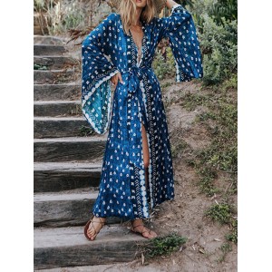 Floral Long Sleeve Cardigan Midi Dresss Cover-Up Swimwear