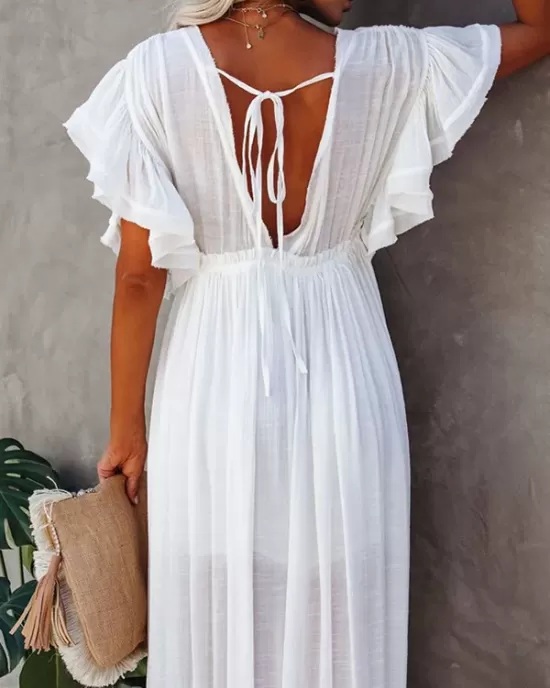 Short Sleeveless V-Back Drawstring Cover-Up Swimwear