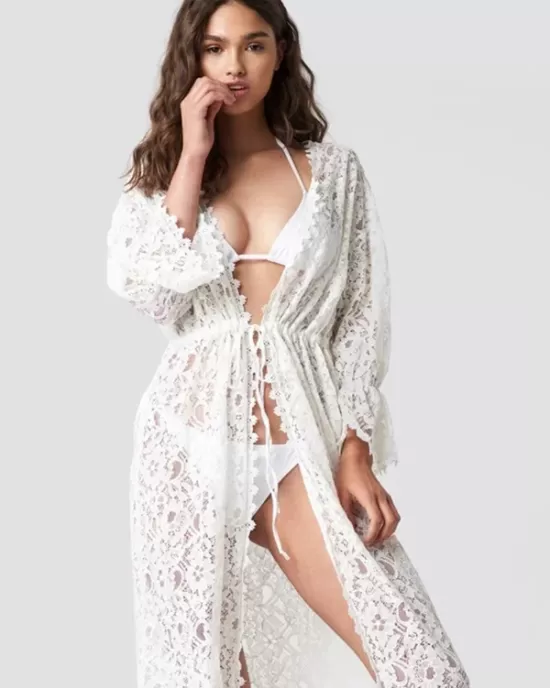 Long Sleeve Lace Split-Joint Lace-Up Vacation Cover-Up Swimwear