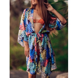 Half-Sleeve Floral Chiffon Cardigan Sash Cover-Up Swimwear