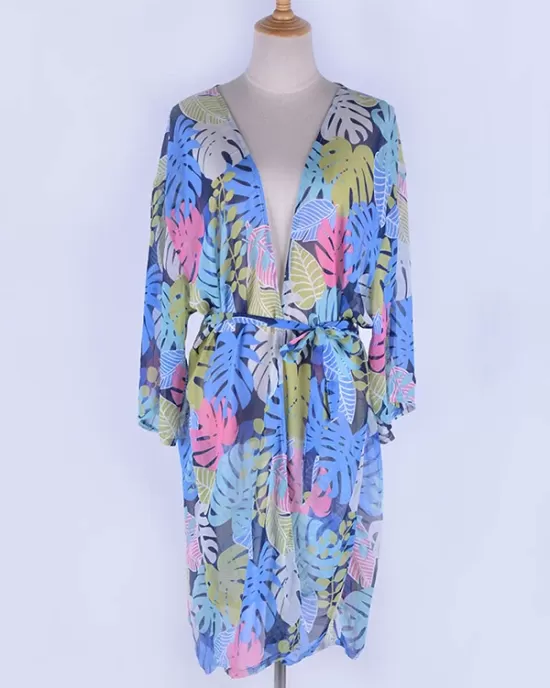 Half-Sleeve Floral Chiffon Cardigan Sash Cover-Up Swimwear