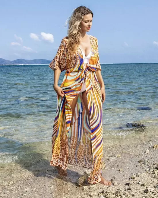 Chiffon Short Sleeve V-Neck Drawstring Cover-Up Swimwear