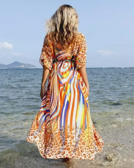 Chiffon Short Sleeve V-Neck Drawstring Cover-Up Swimwear