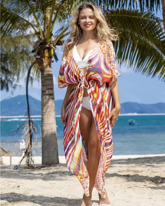 Chiffon Short Sleeve V-Neck Drawstring Cover-Up Swimwear