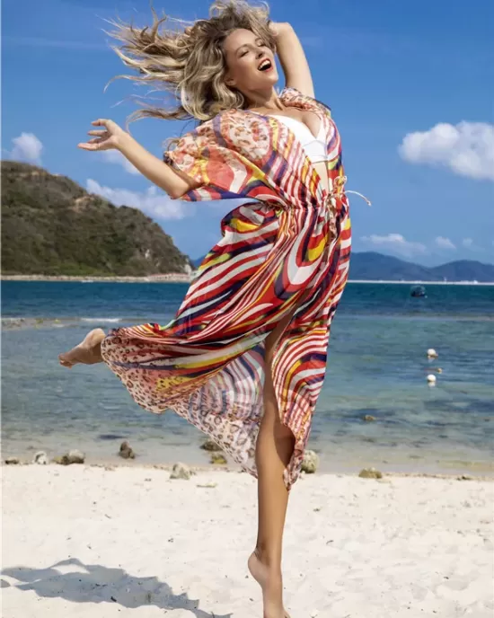 Chiffon Short Sleeve V-Neck Drawstring Cover-Up Swimwear