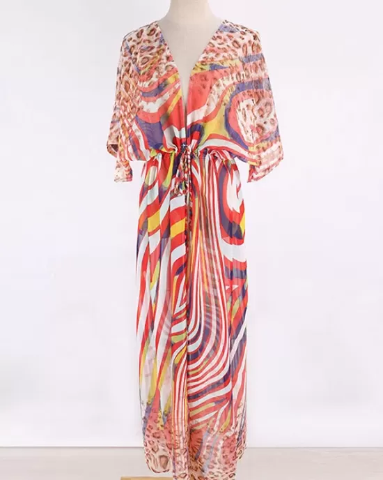 Chiffon Short Sleeve V-Neck Drawstring Cover-Up Swimwear