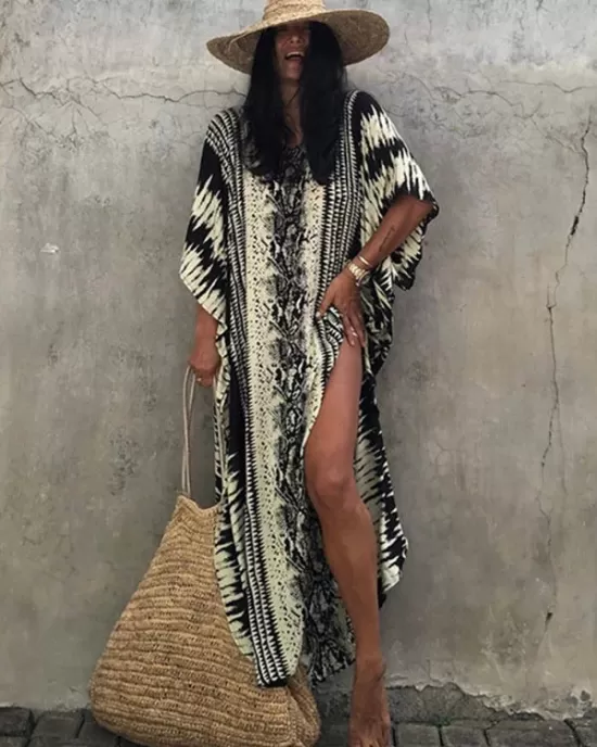 Loose H-Line V-Neck Bandage Snake-Print Cover-Up Swimwear