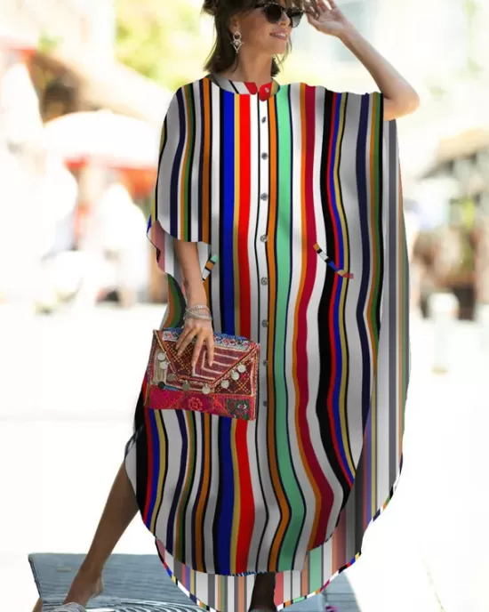 Striped Loose Pocket Cardigan Vacation Beach Cover-Up Swimwear