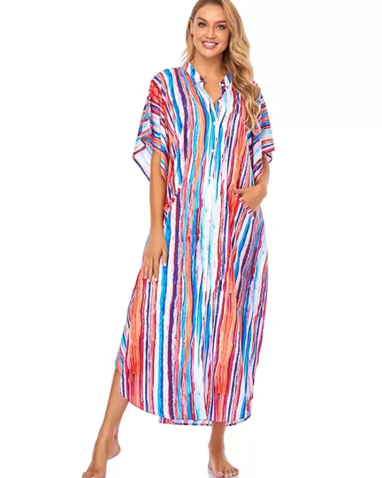 Striped Loose Pocket Cardigan Vacation Beach Cover-Up Swimwear