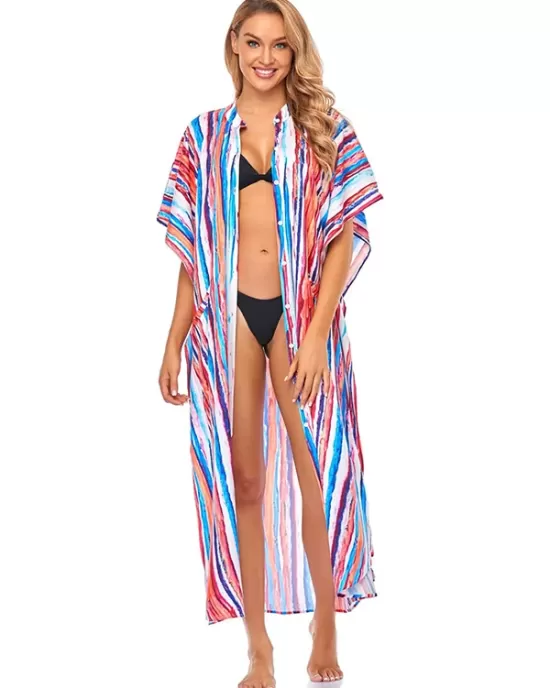 Striped Loose Pocket Cardigan Vacation Beach Cover-Up Swimwear