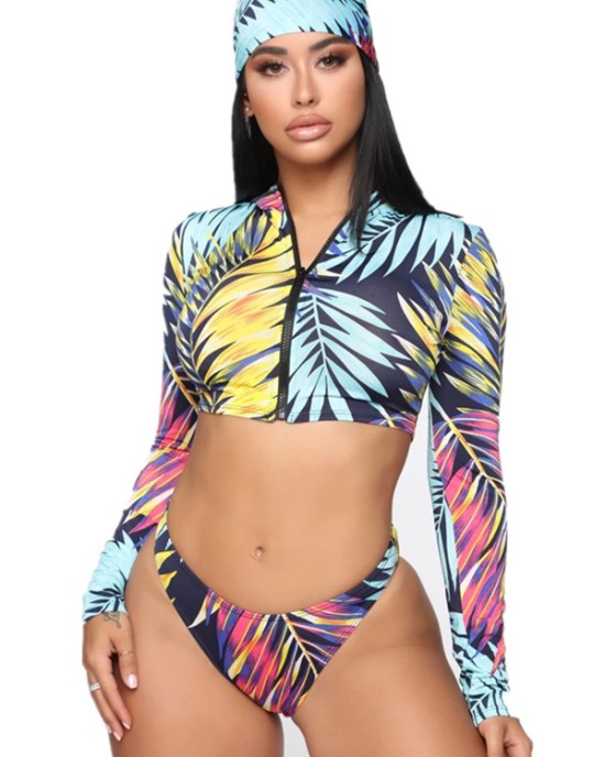 Leaf Print Long Sleeve Zipper Hipster With Turban Wetsuit Swimwear