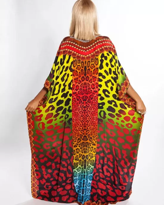 Colorful Leopard Print Loose Split-Side Beach Cover-Up Swimwear