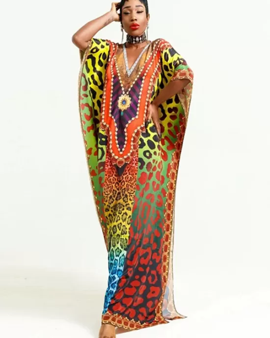 Colorful Leopard Print Loose Split-Side Beach Cover-Up Swimwear