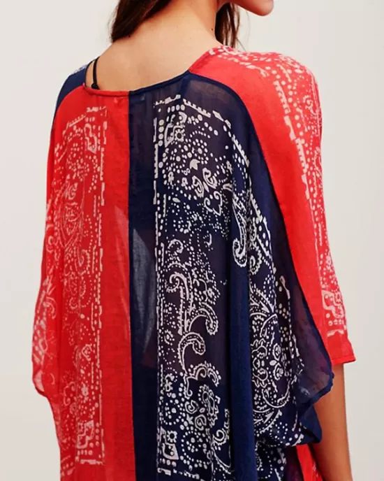 Chiffon Red And Blue Squares Print Loose Cover-Up Swimwear