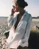 Simple Solid Color Button Long Sleeve Shirt-Style Cover-Up Swimwear